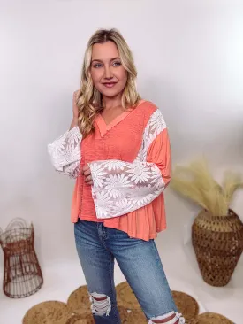 Coral Peach Boho Lace Flare Sleeve V-Neck Top