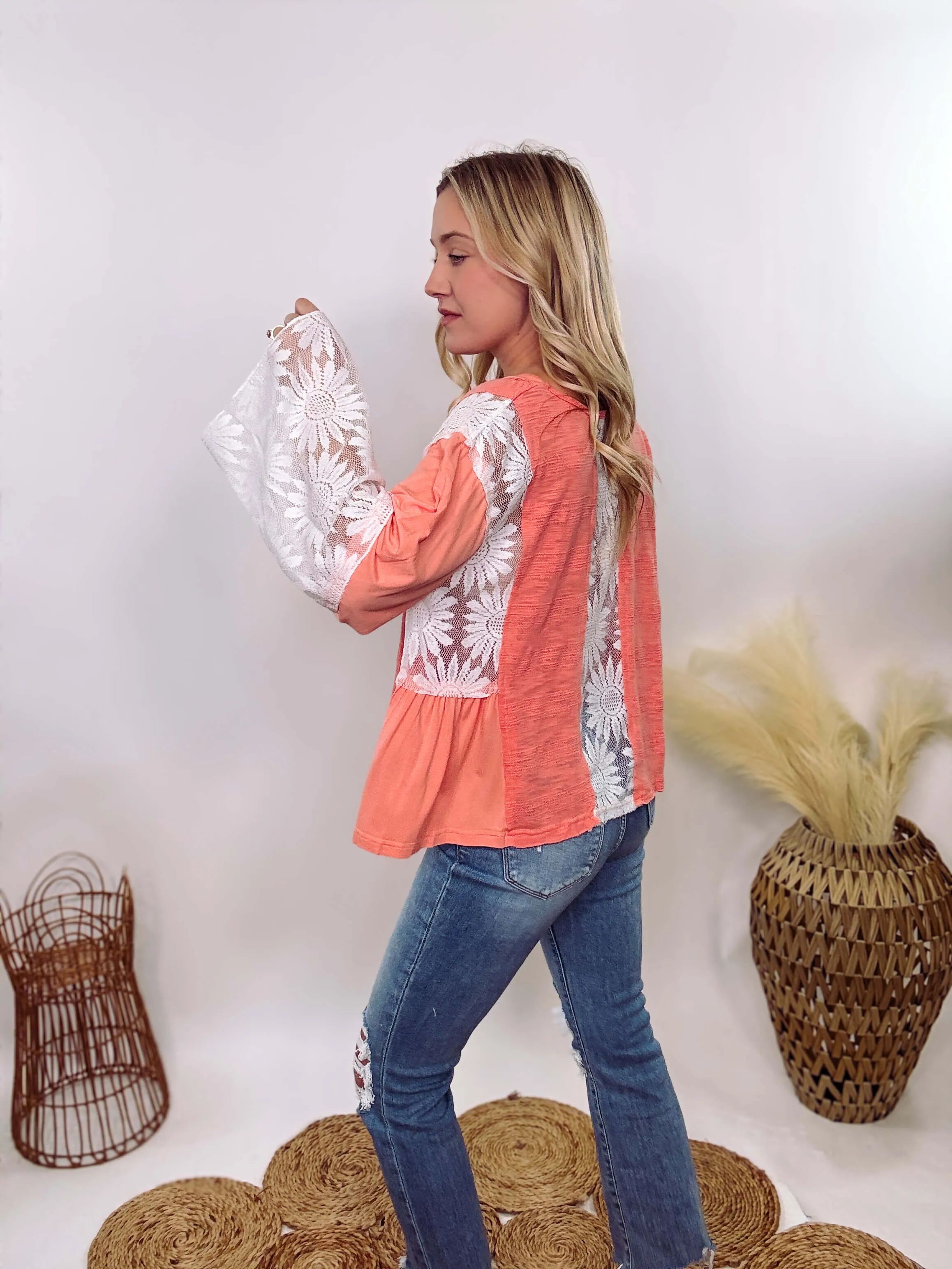 Coral Peach Boho Lace Flare Sleeve V-Neck Top