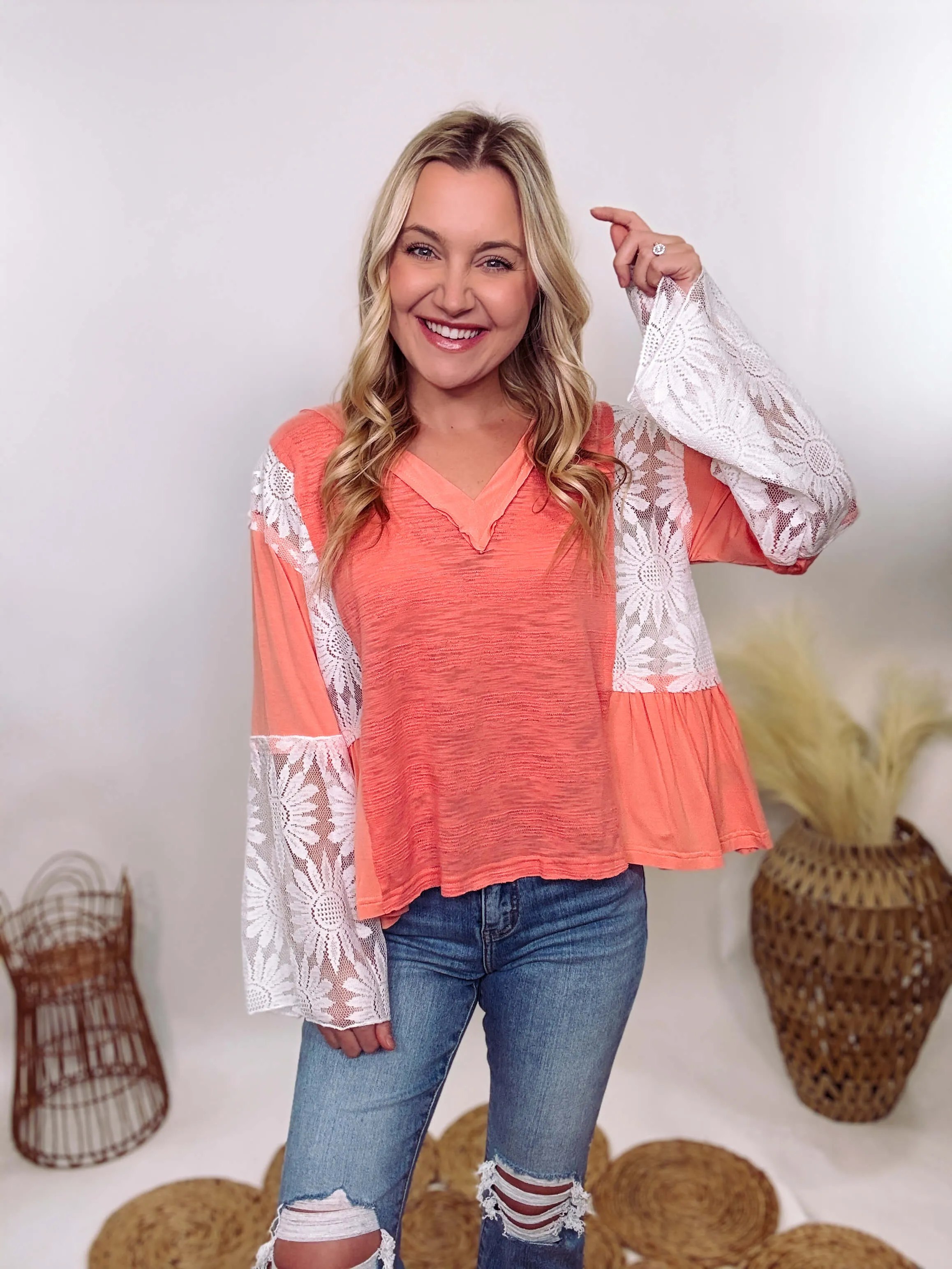 Coral Peach Boho Lace Flare Sleeve V-Neck Top