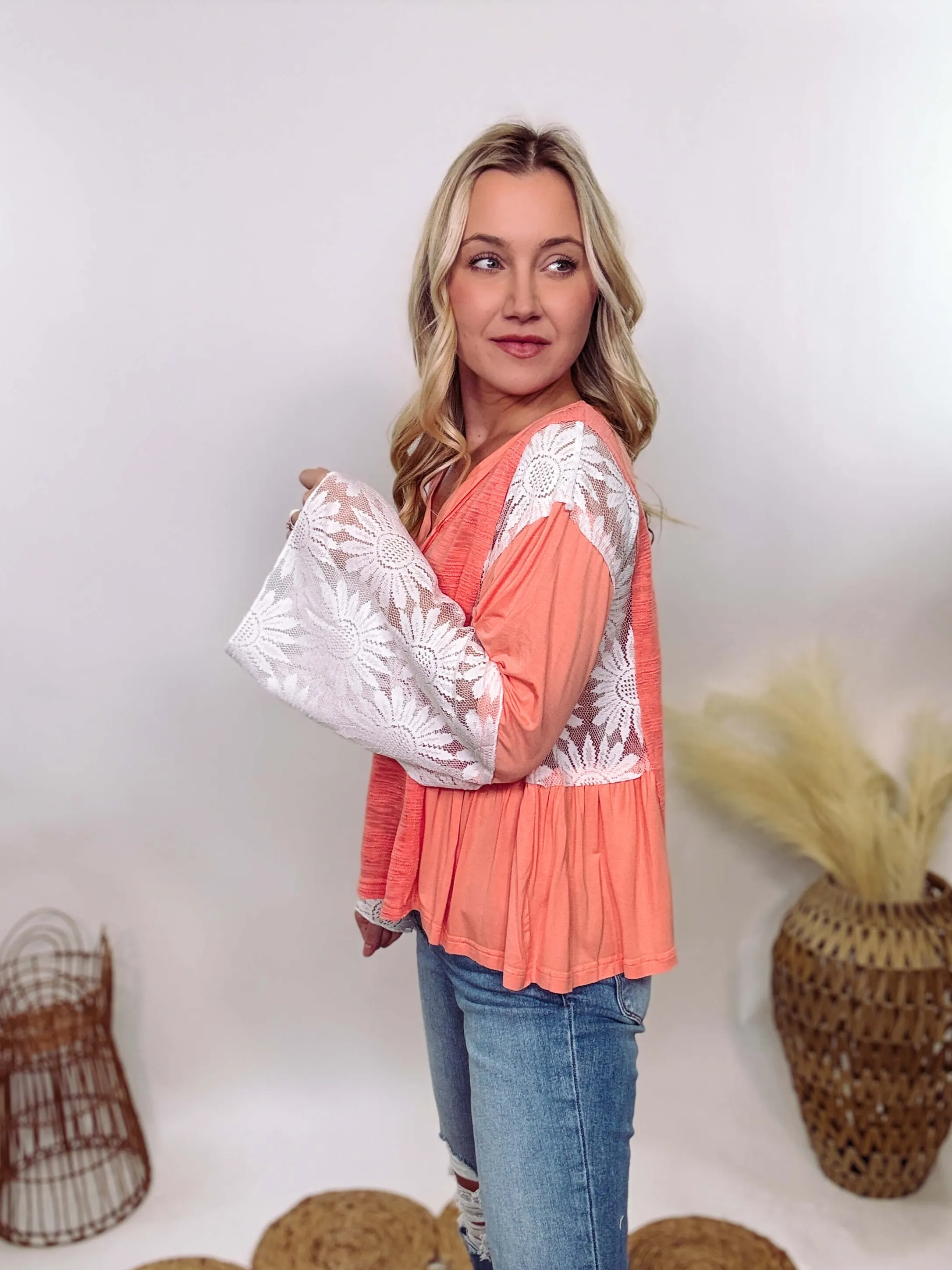 Coral Peach Boho Lace Flare Sleeve V-Neck Top