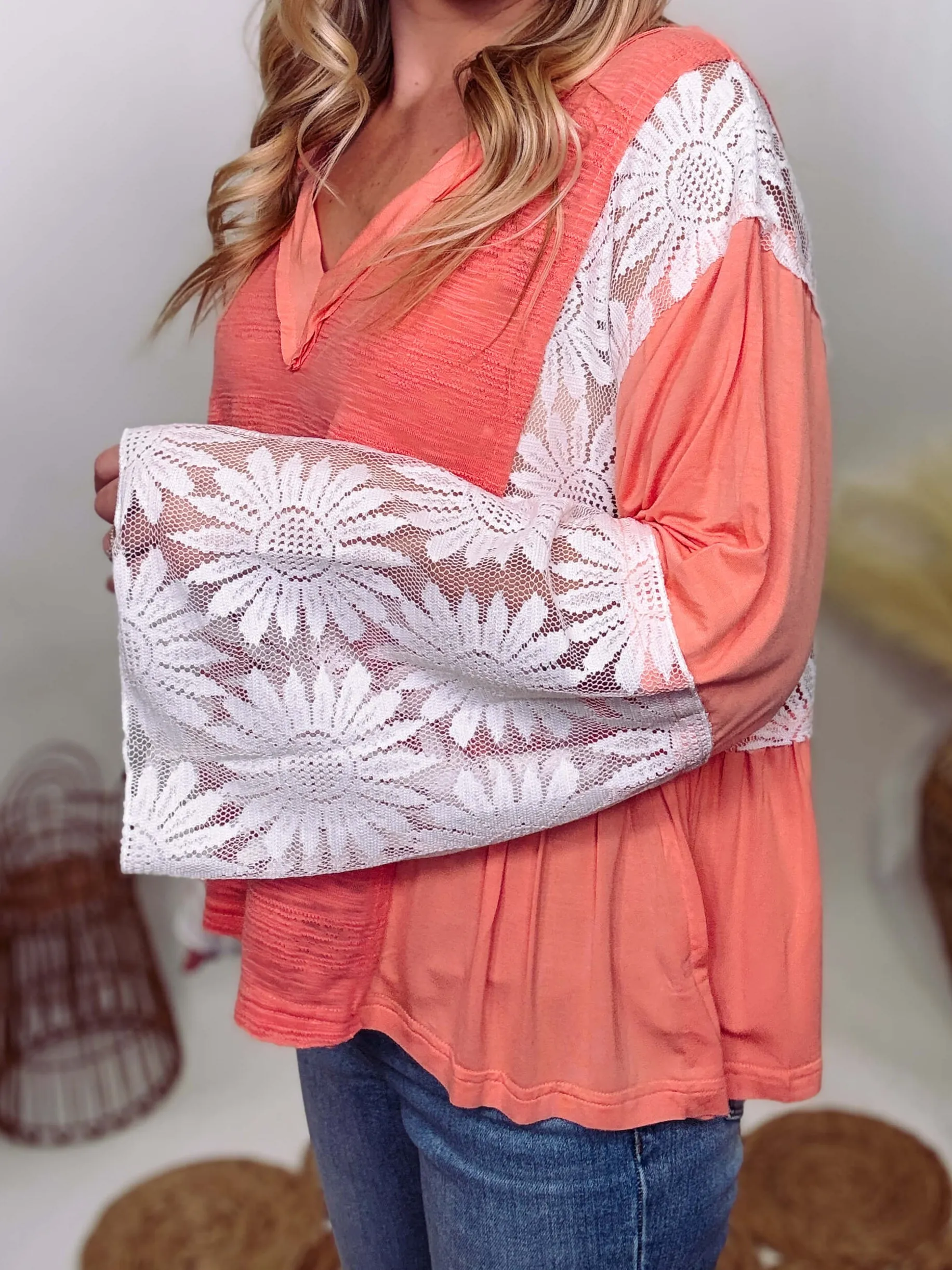 Coral Peach Boho Lace Flare Sleeve V-Neck Top