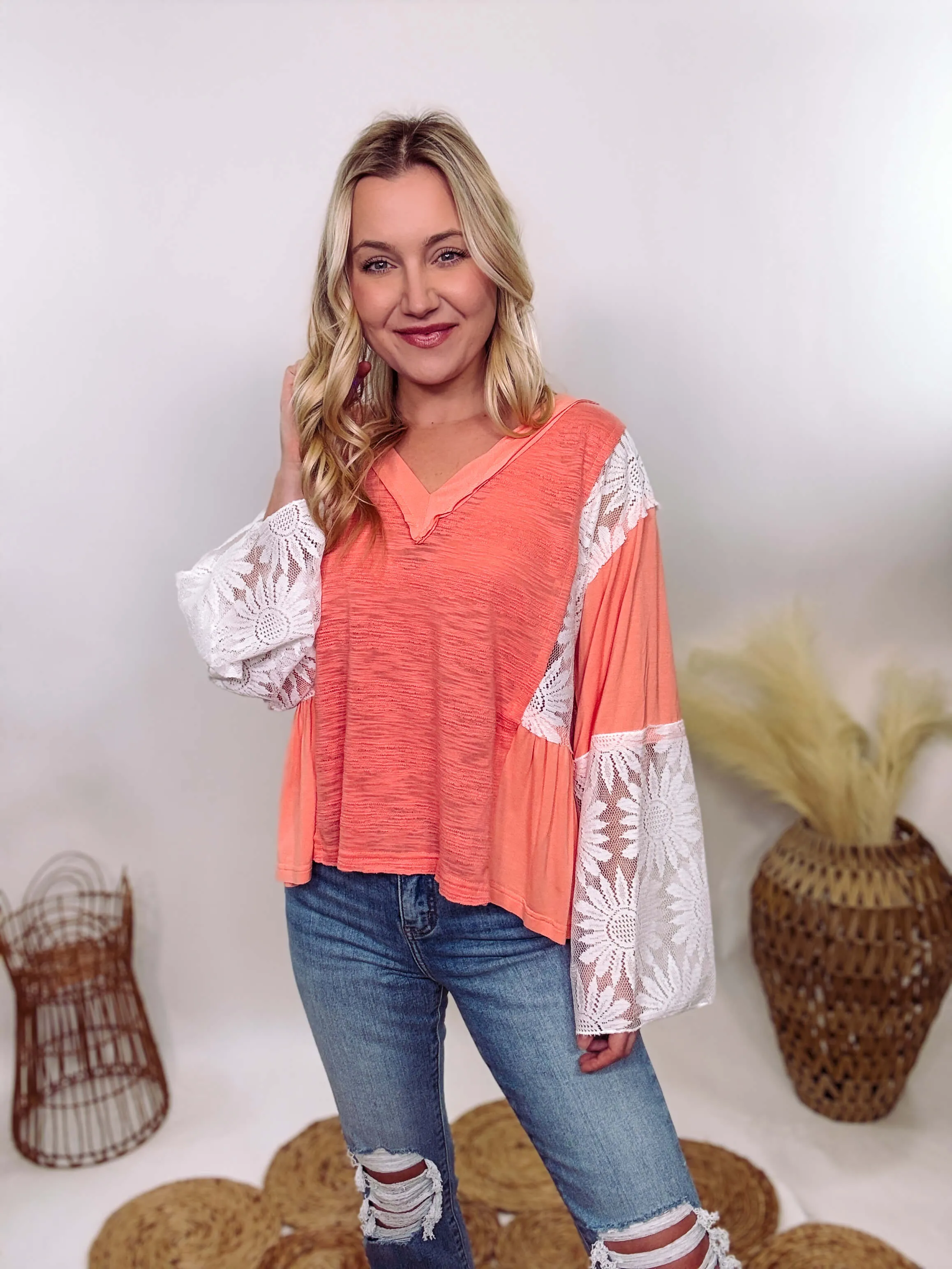 Coral Peach Boho Lace Flare Sleeve V-Neck Top