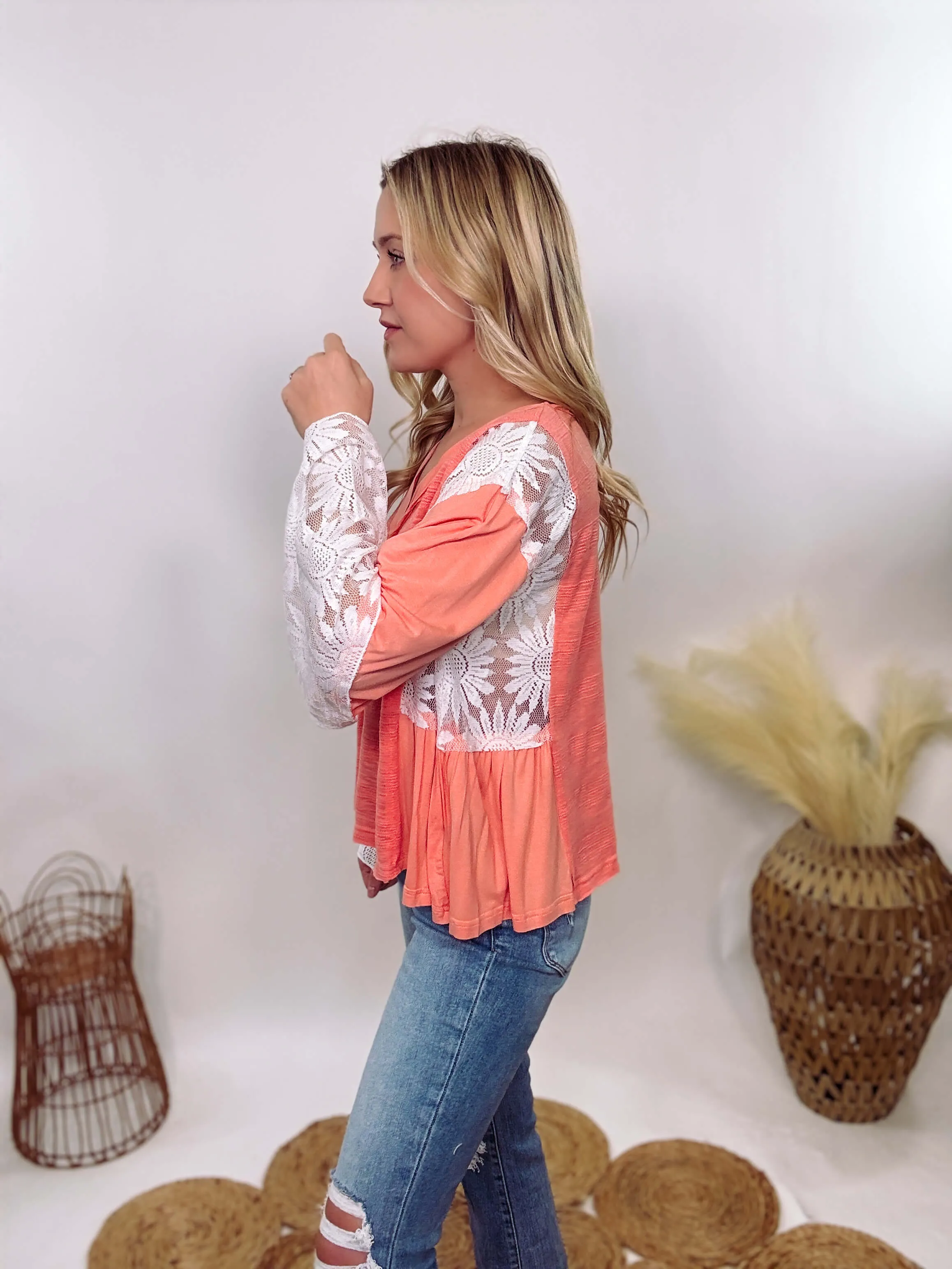 Coral Peach Boho Lace Flare Sleeve V-Neck Top