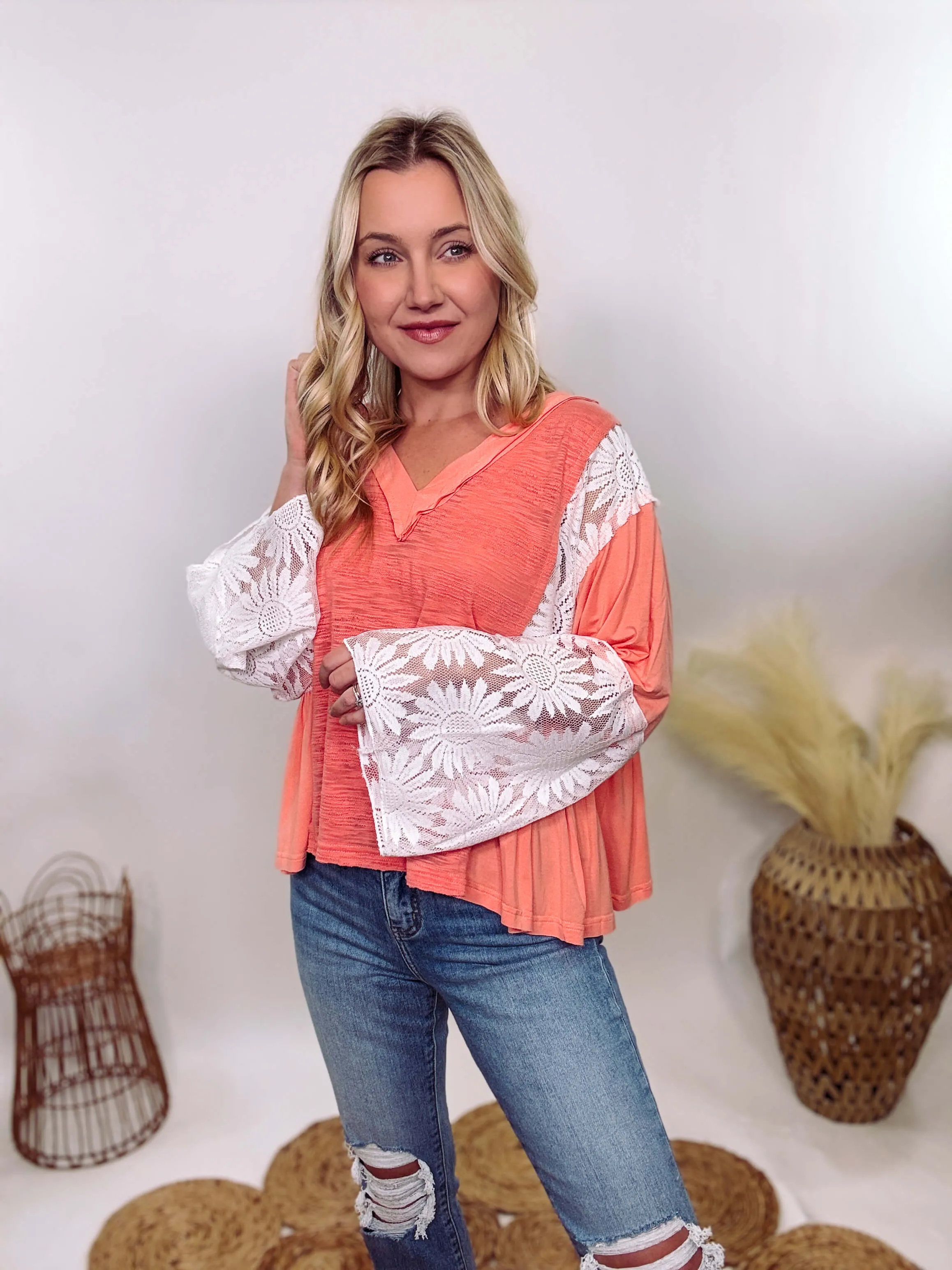 Coral Peach Boho Lace Flare Sleeve V-Neck Top