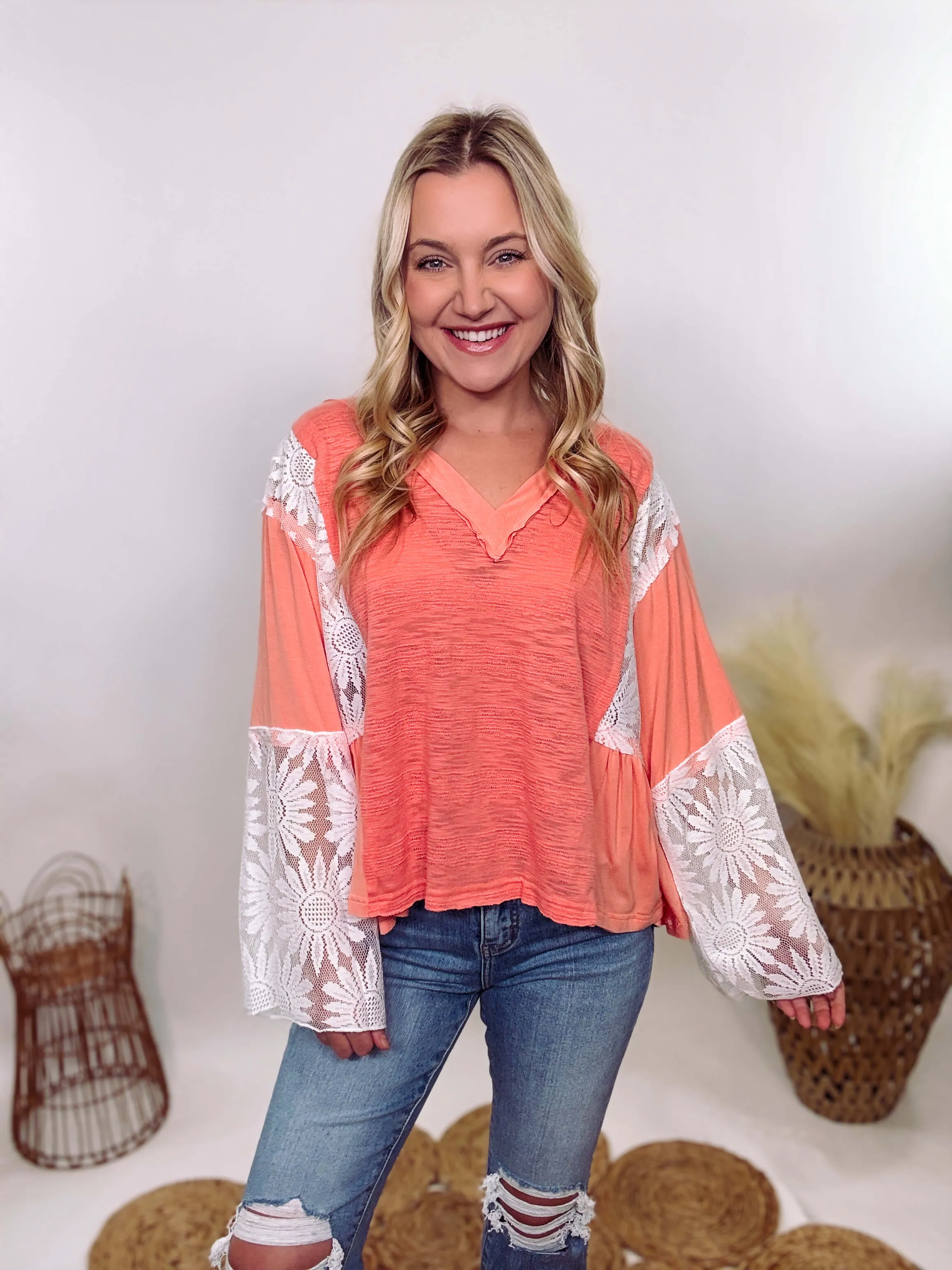 Coral Peach Boho Lace Flare Sleeve V-Neck Top