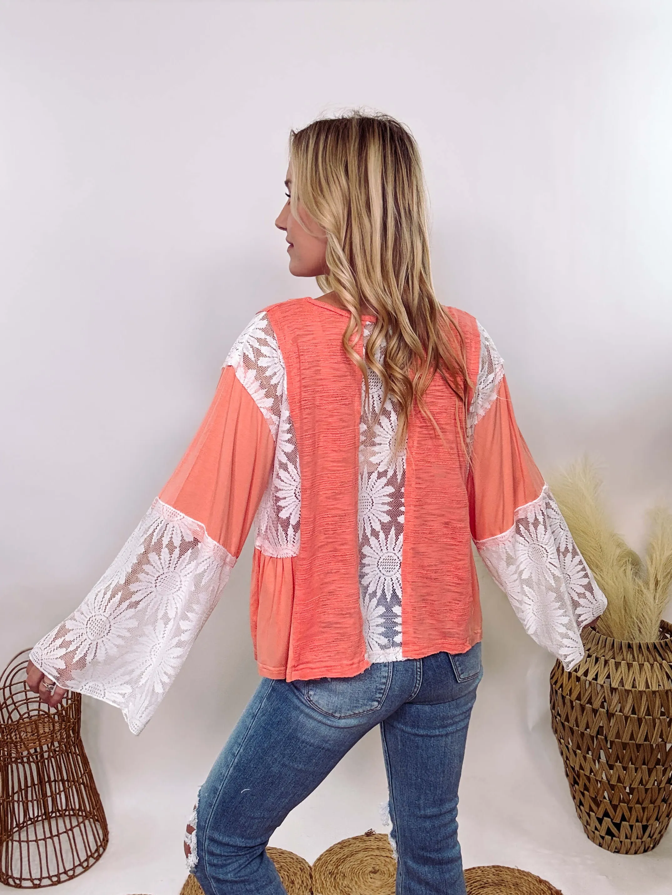 Coral Peach Boho Lace Flare Sleeve V-Neck Top