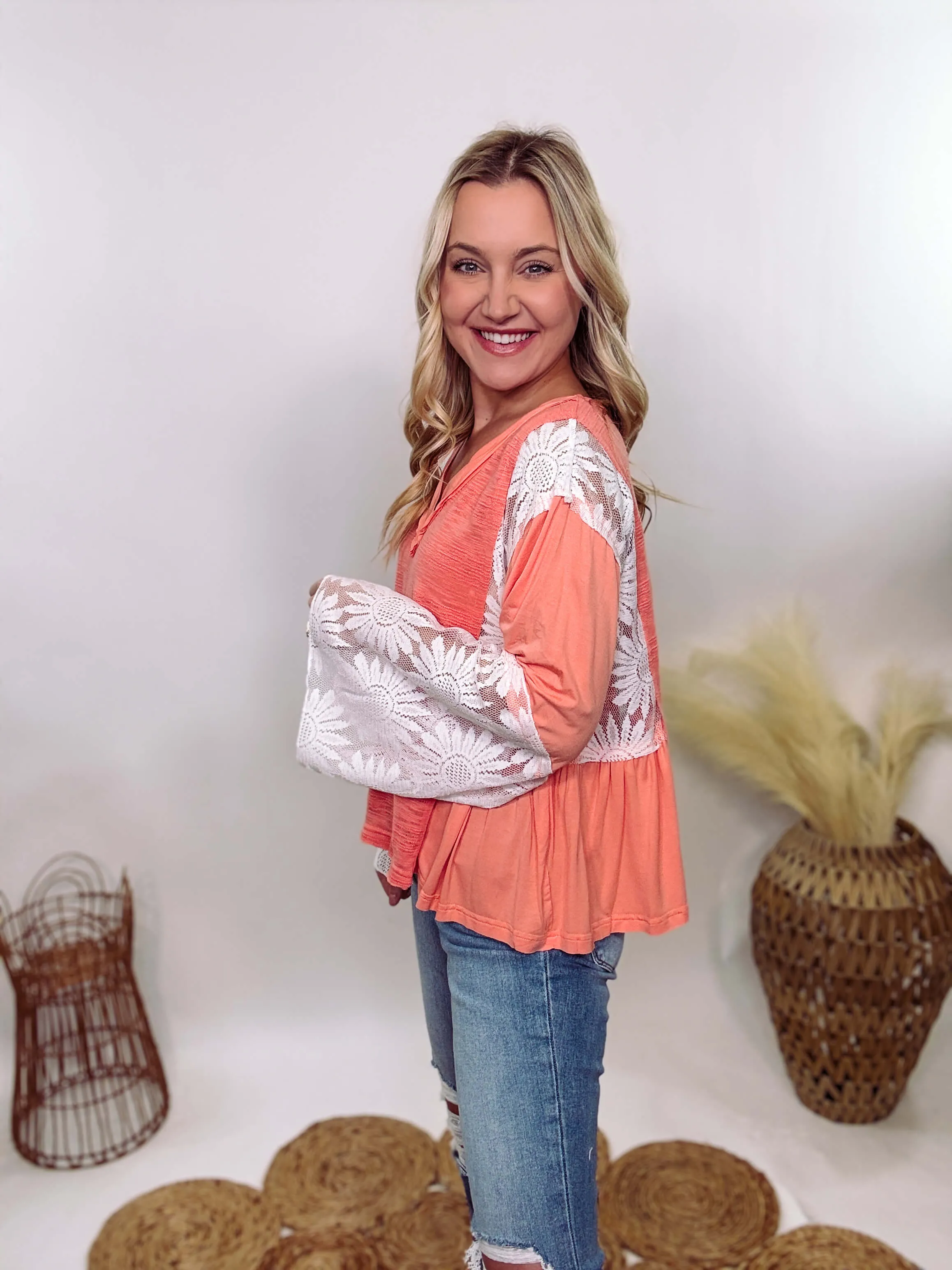 Coral Peach Boho Lace Flare Sleeve V-Neck Top