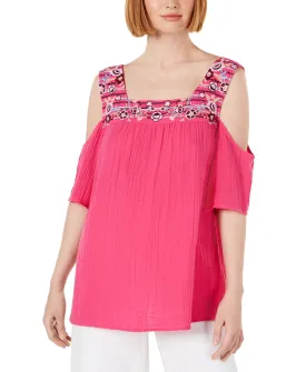 Cotton Embroidered Cold-Shoulder Top
