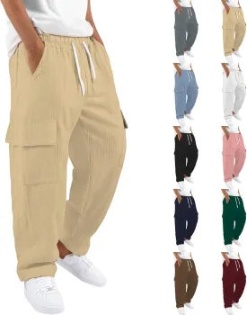 Cotton Linen Cargo Pants for Mens Elastic Waist Drawstring Straight Leg Trousers Casual Baggy Summer Pant with Pocket