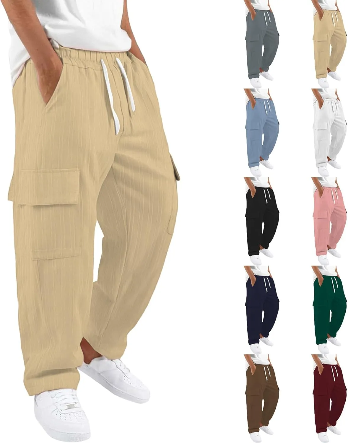 Cotton Linen Cargo Pants for Mens Elastic Waist Drawstring Straight Leg Trousers Casual Baggy Summer Pant with Pocket