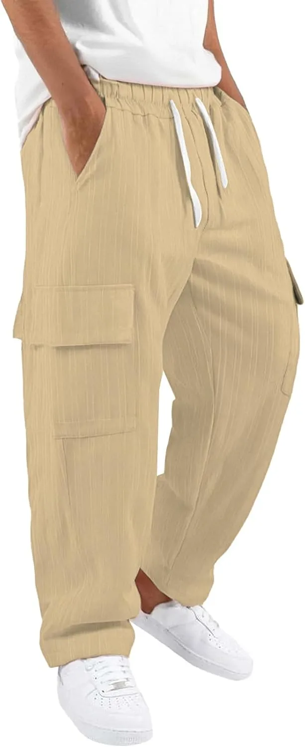 Cotton Linen Cargo Pants for Mens Elastic Waist Drawstring Straight Leg Trousers Casual Baggy Summer Pant with Pocket