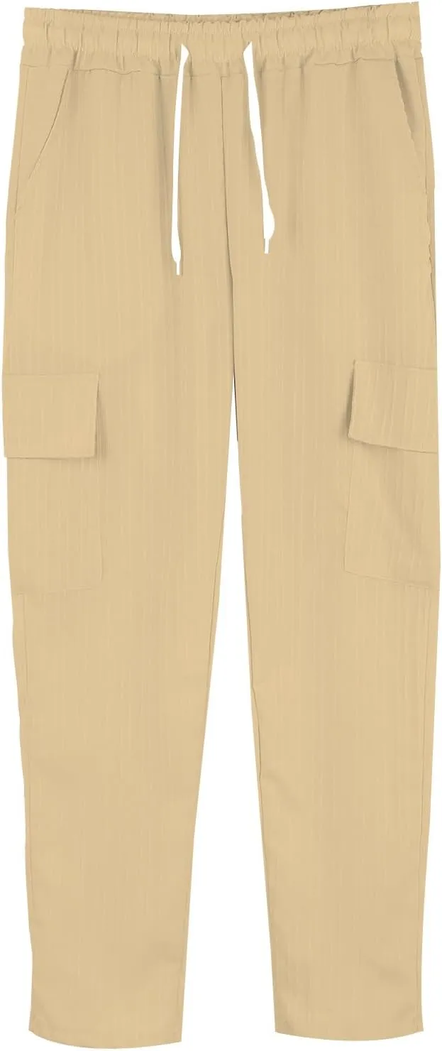 Cotton Linen Cargo Pants for Mens Elastic Waist Drawstring Straight Leg Trousers Casual Baggy Summer Pant with Pocket