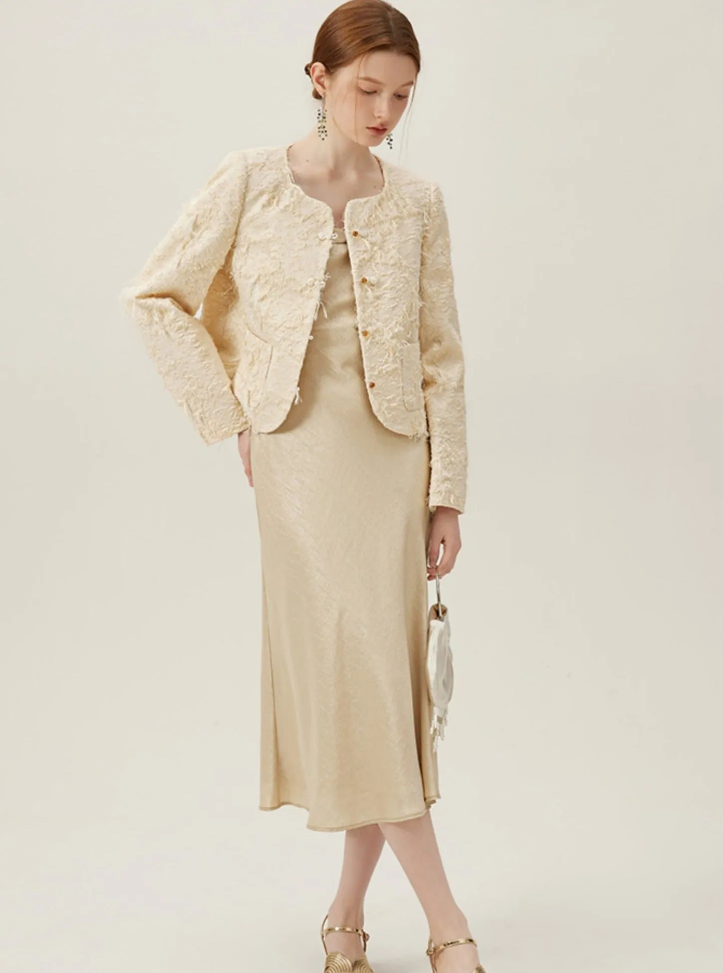 Elegant Boucle Pearl Button Coat
