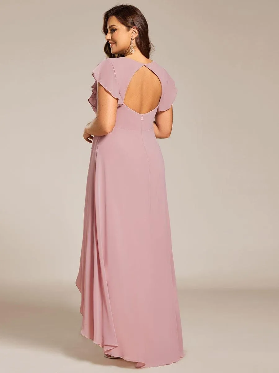 Elegant Ruffled Chiffon High-Low Bridesmaid Dress with Backless Design