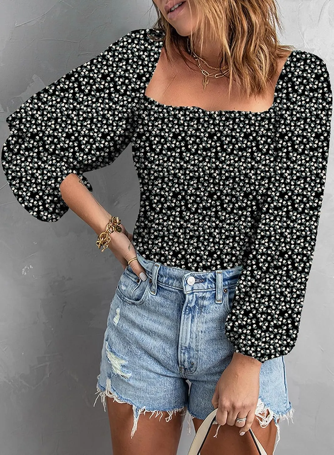EVALESS Square Neck Tops Puff Long Sleeve Blouses for Women Dressy Casual Spring Fashion 2024