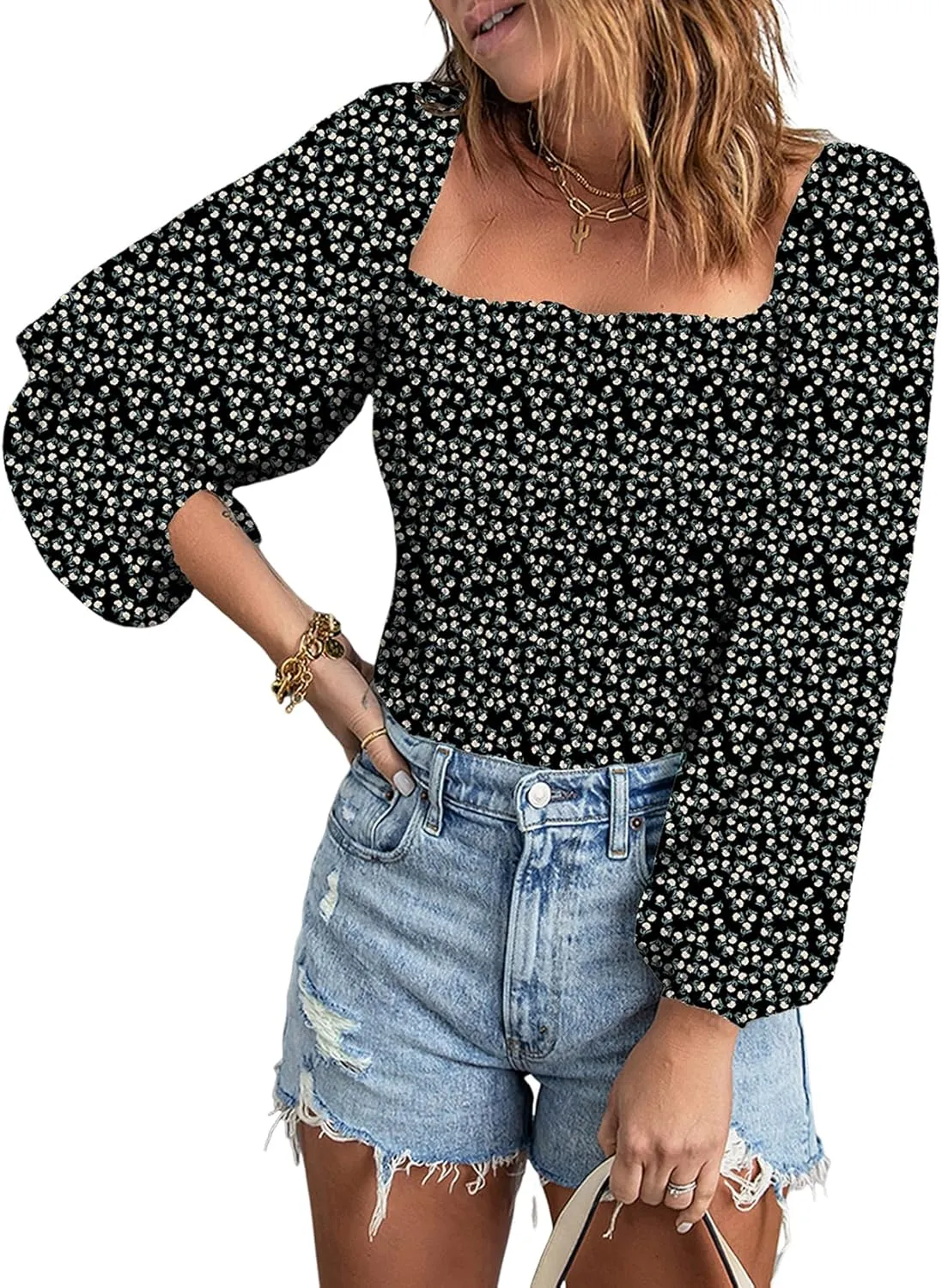 EVALESS Square Neck Tops Puff Long Sleeve Blouses for Women Dressy Casual Spring Fashion 2024