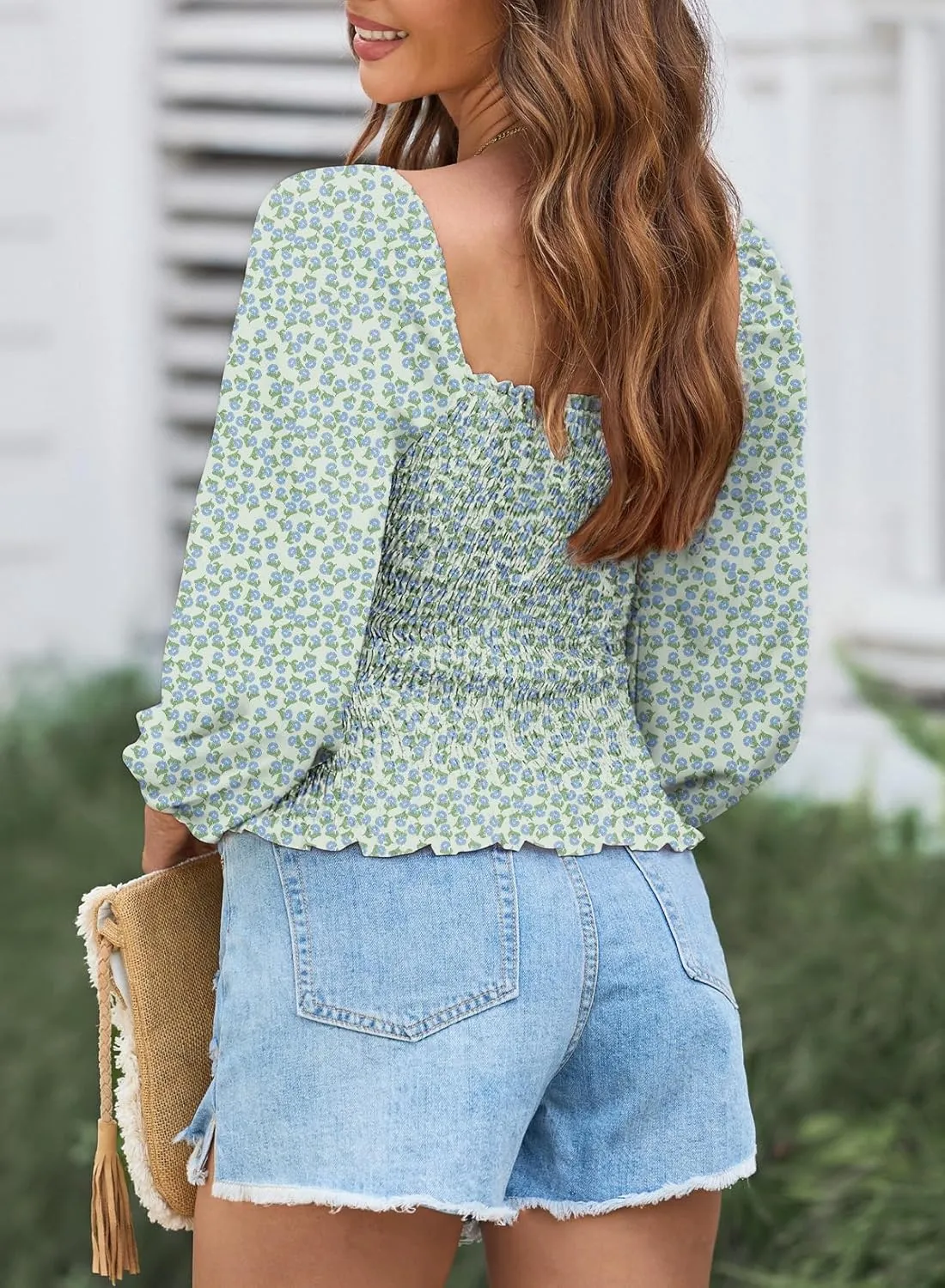 EVALESS Square Neck Tops Puff Long Sleeve Blouses for Women Dressy Casual Spring Fashion 2024