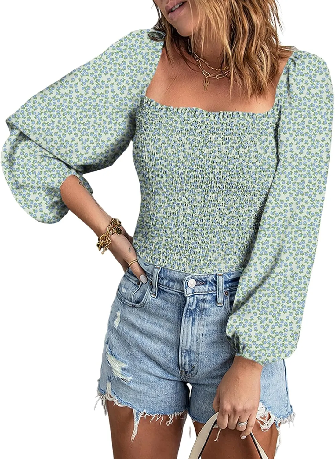 EVALESS Square Neck Tops Puff Long Sleeve Blouses for Women Dressy Casual Spring Fashion 2024