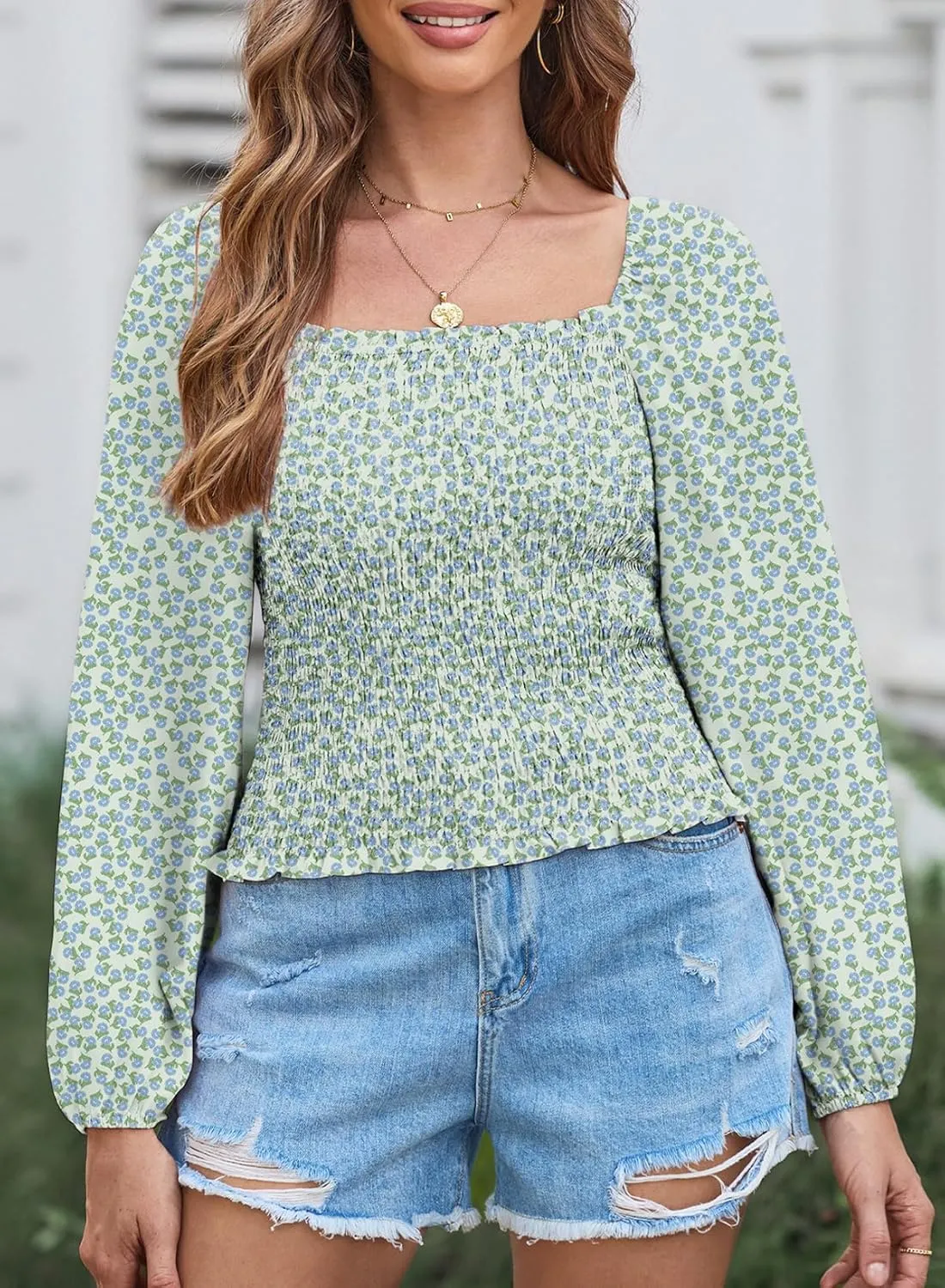 EVALESS Square Neck Tops Puff Long Sleeve Blouses for Women Dressy Casual Spring Fashion 2024