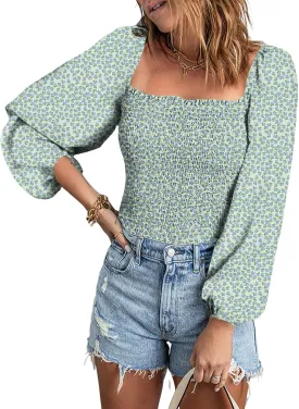 EVALESS Square Neck Tops Puff Long Sleeve Blouses for Women Dressy Casual Spring Fashion 2024