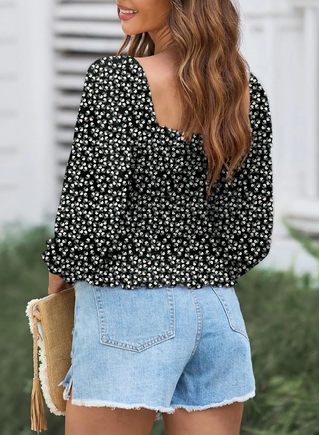 EVALESS Square Neck Tops Puff Long Sleeve Blouses for Women Dressy Casual Spring Fashion 2024