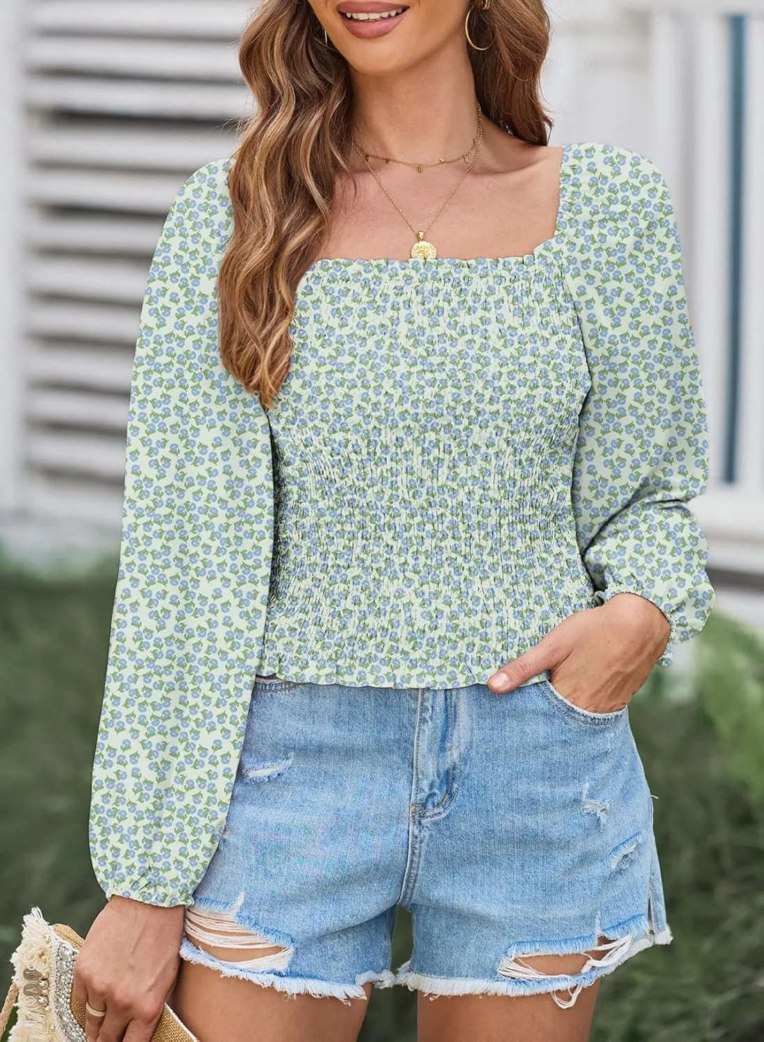 EVALESS Square Neck Tops Puff Long Sleeve Blouses for Women Dressy Casual Spring Fashion 2024
