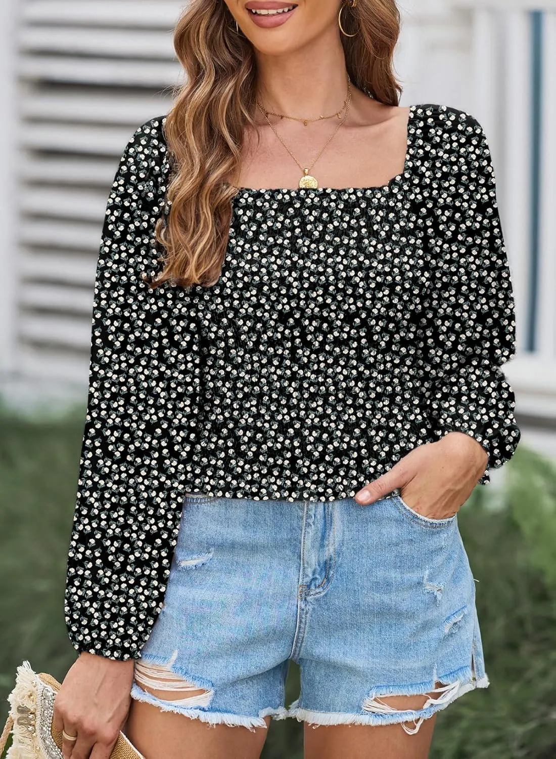 EVALESS Square Neck Tops Puff Long Sleeve Blouses for Women Dressy Casual Spring Fashion 2024