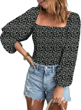 EVALESS Square Neck Tops Puff Long Sleeve Blouses for Women Dressy Casual Spring Fashion 2024