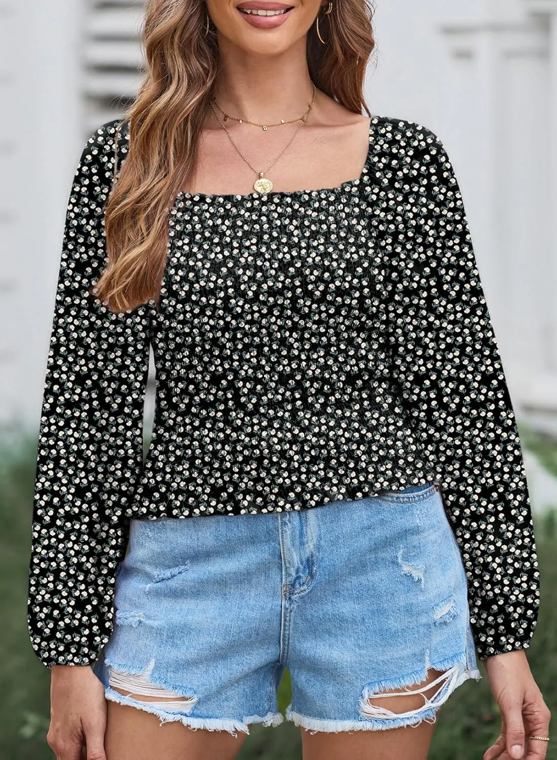 EVALESS Square Neck Tops Puff Long Sleeve Blouses for Women Dressy Casual Spring Fashion 2024