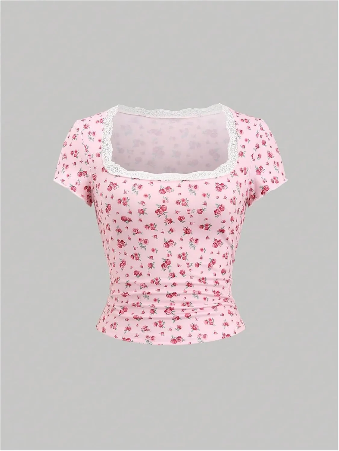 Floerns Women's Floral Short Sleeve Crop Top Summer Square Neck Lace Trim T Shirts