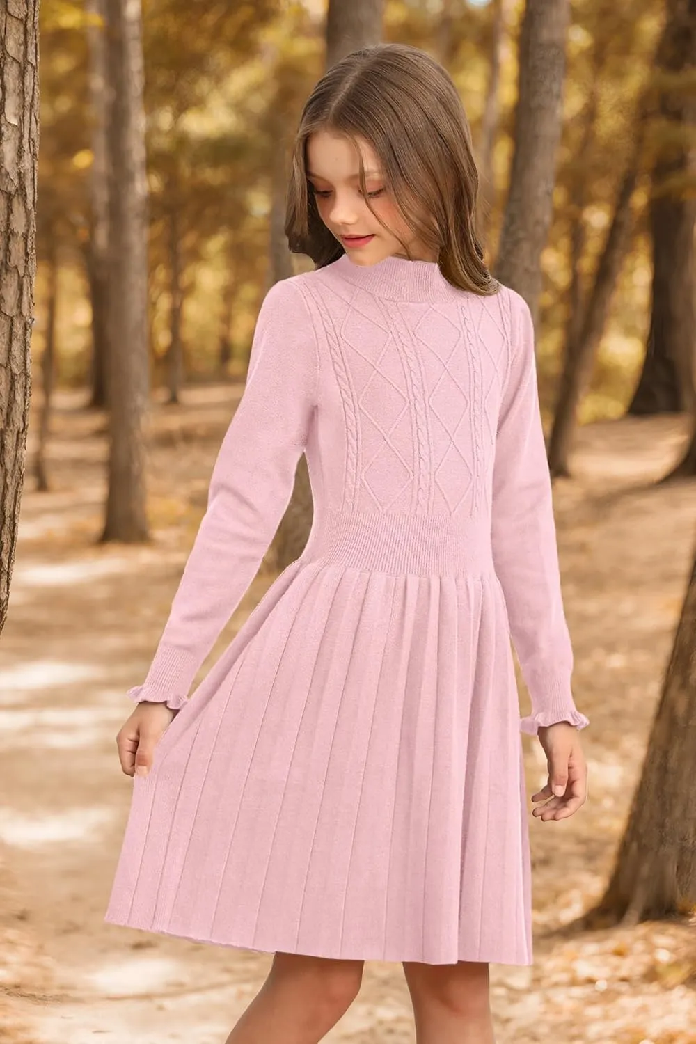 Girls Cable Knit Mock Neck Sweater Dress Fall Winter Long Sleeve Dresses 5-14 Years