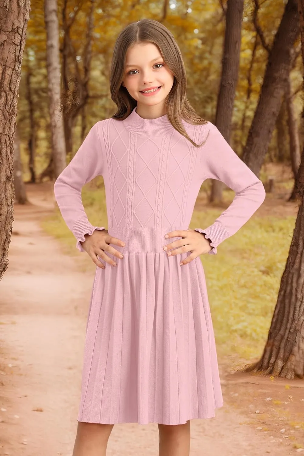 Girls Cable Knit Mock Neck Sweater Dress Fall Winter Long Sleeve Dresses 5-14 Years