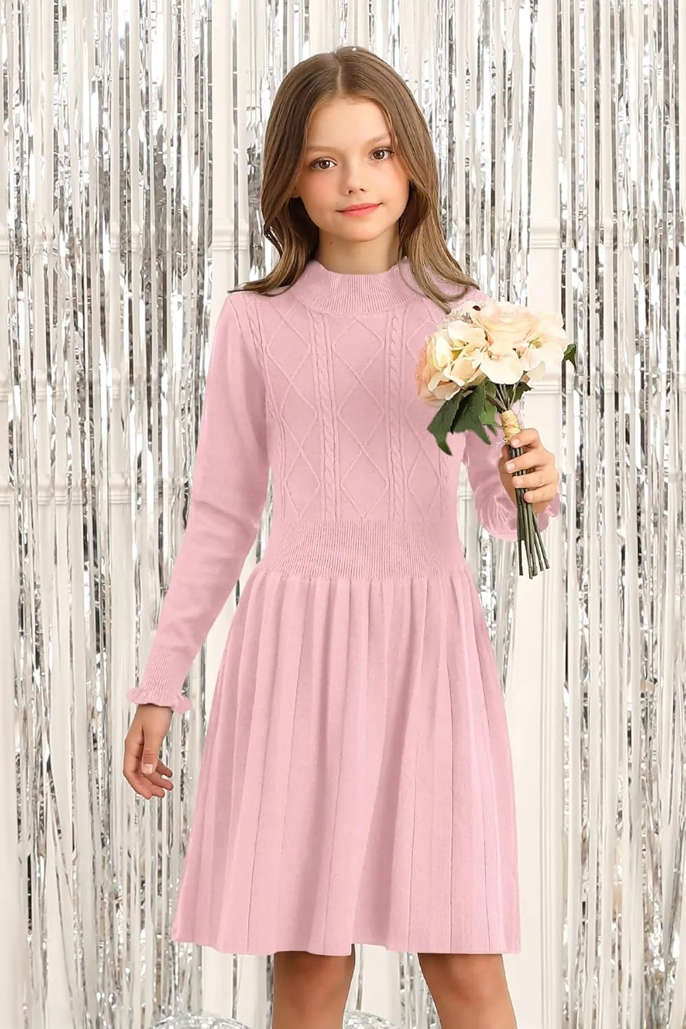 Girls Cable Knit Mock Neck Sweater Dress Fall Winter Long Sleeve Dresses 5-14 Years