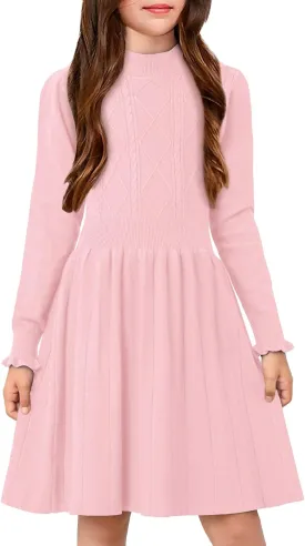 Girls Cable Knit Mock Neck Sweater Dress Fall Winter Long Sleeve Dresses 5-14 Years