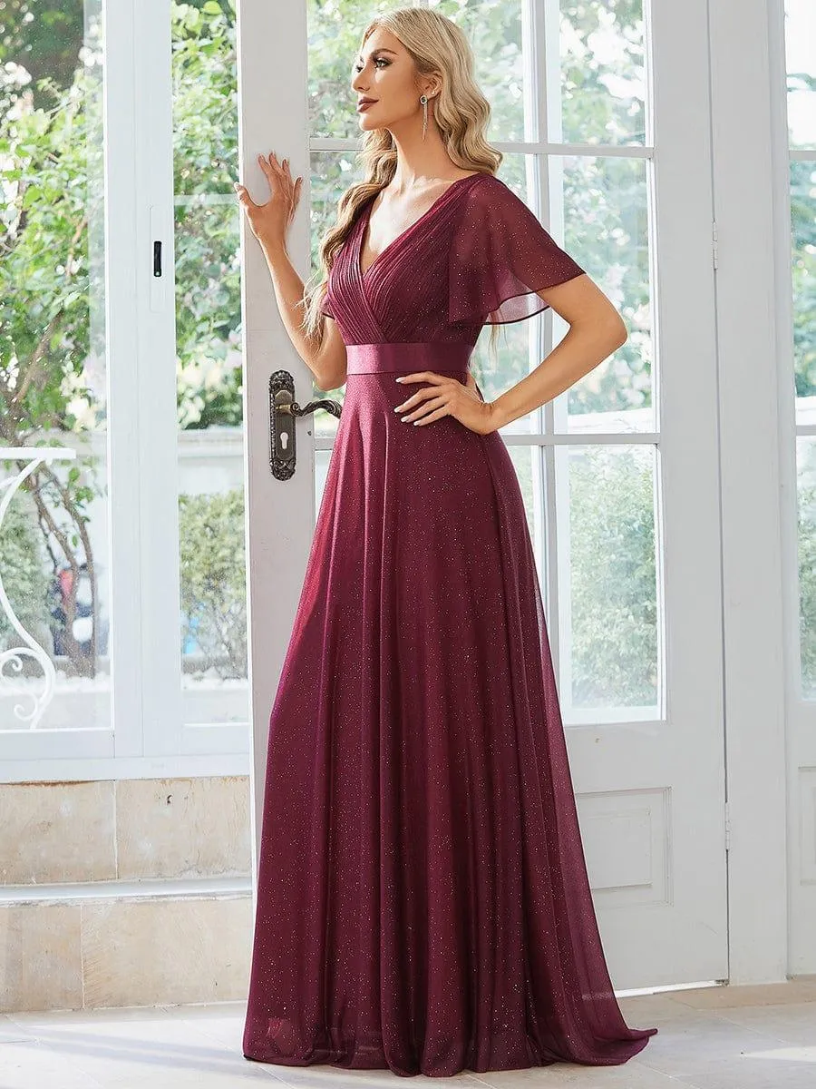 Glitter Short Sleeve V-Neck  A-Line Wedding Guest Dress