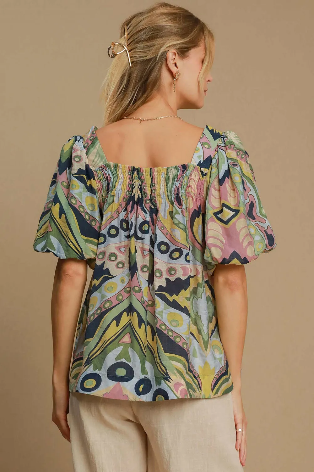 Green Abstract Print Smocked Square Neck Puff Sleeve Blouse