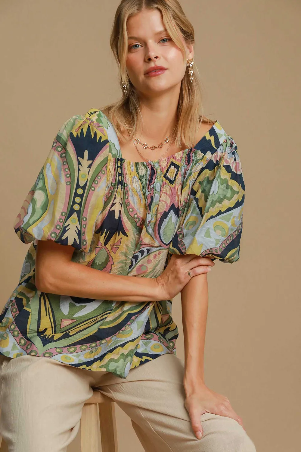 Green Abstract Print Smocked Square Neck Puff Sleeve Blouse