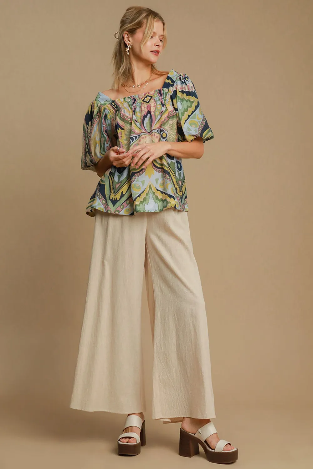 Green Abstract Print Smocked Square Neck Puff Sleeve Blouse