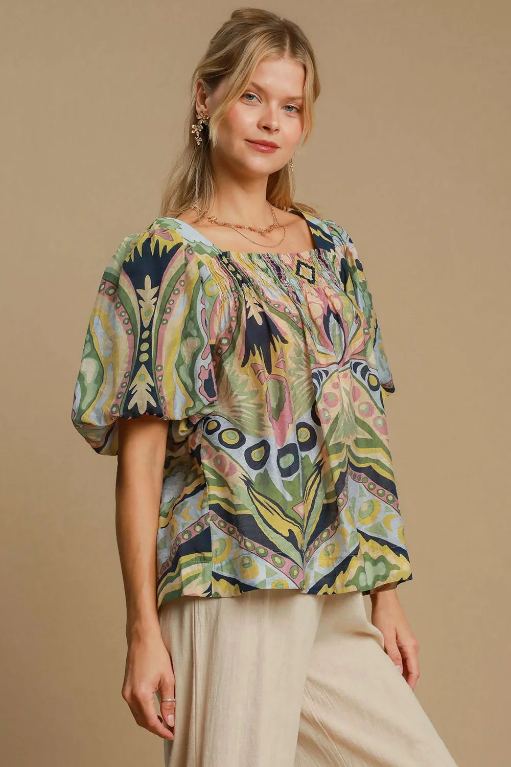 Green Abstract Print Smocked Square Neck Puff Sleeve Blouse