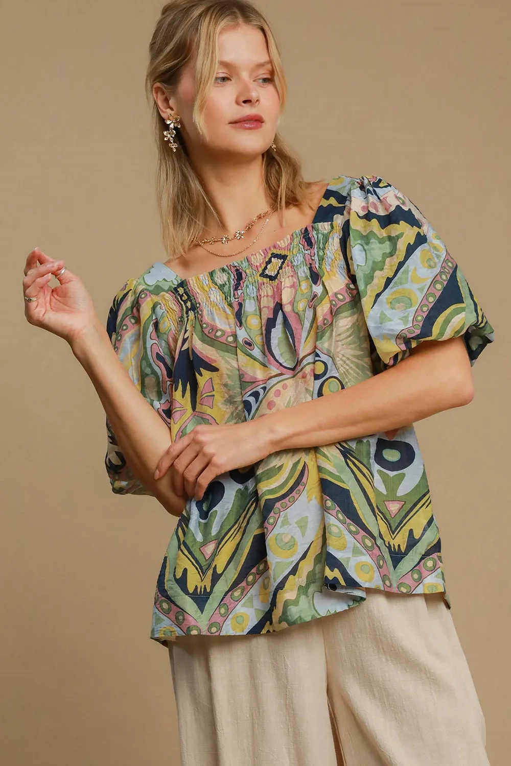 Green Abstract Print Smocked Square Neck Puff Sleeve Blouse