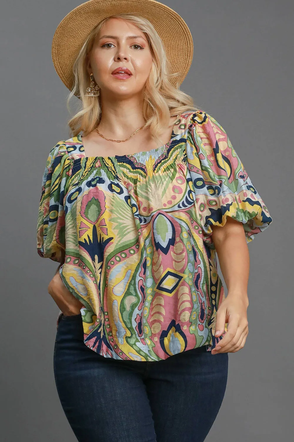 Green Abstract Print Smocked Square Neck Puff Sleeve Blouse