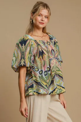 Green Abstract Print Smocked Square Neck Puff Sleeve Blouse