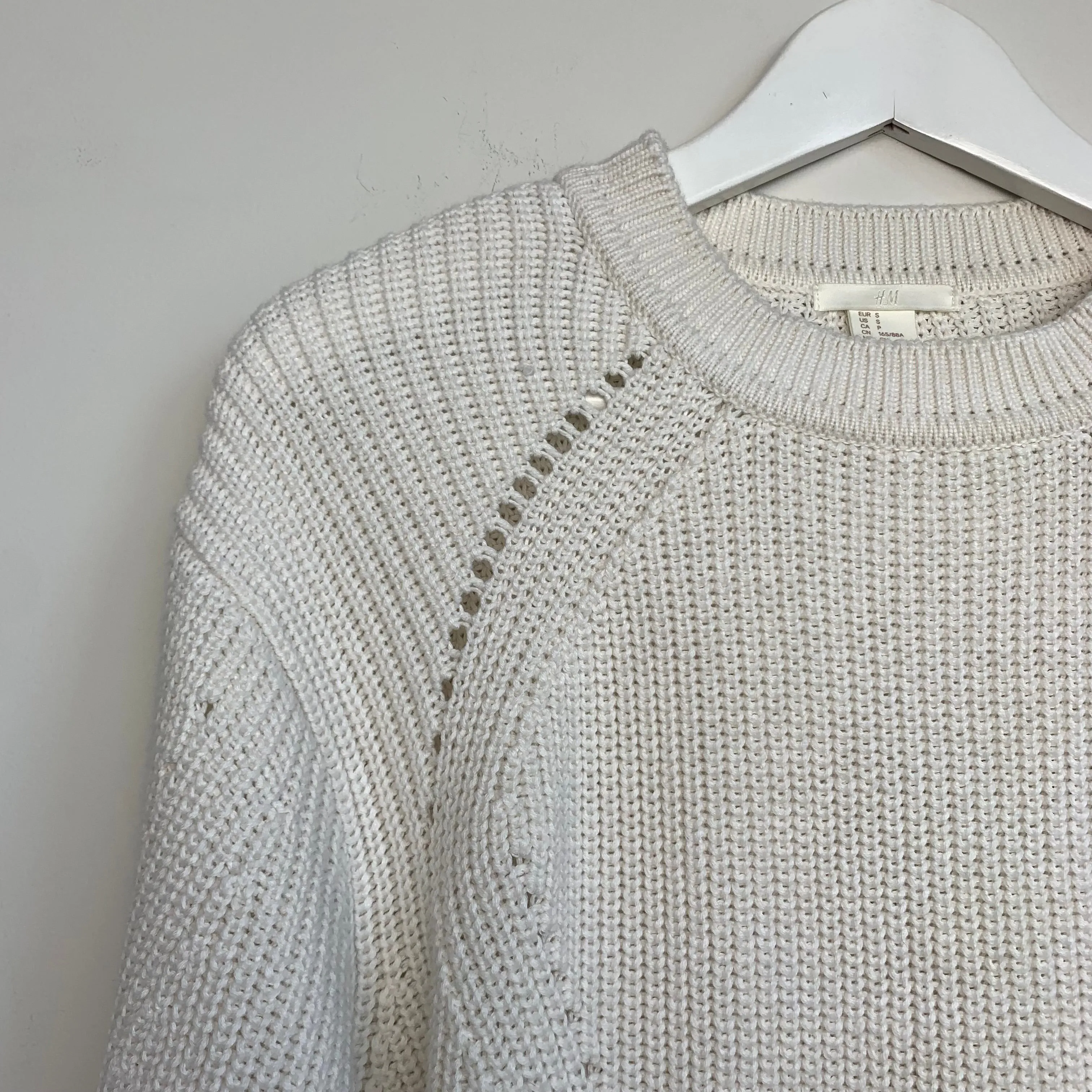 H&M White Chunky Knit Sweater Cropped Baloon Sleeve Boxy Fit Size Small