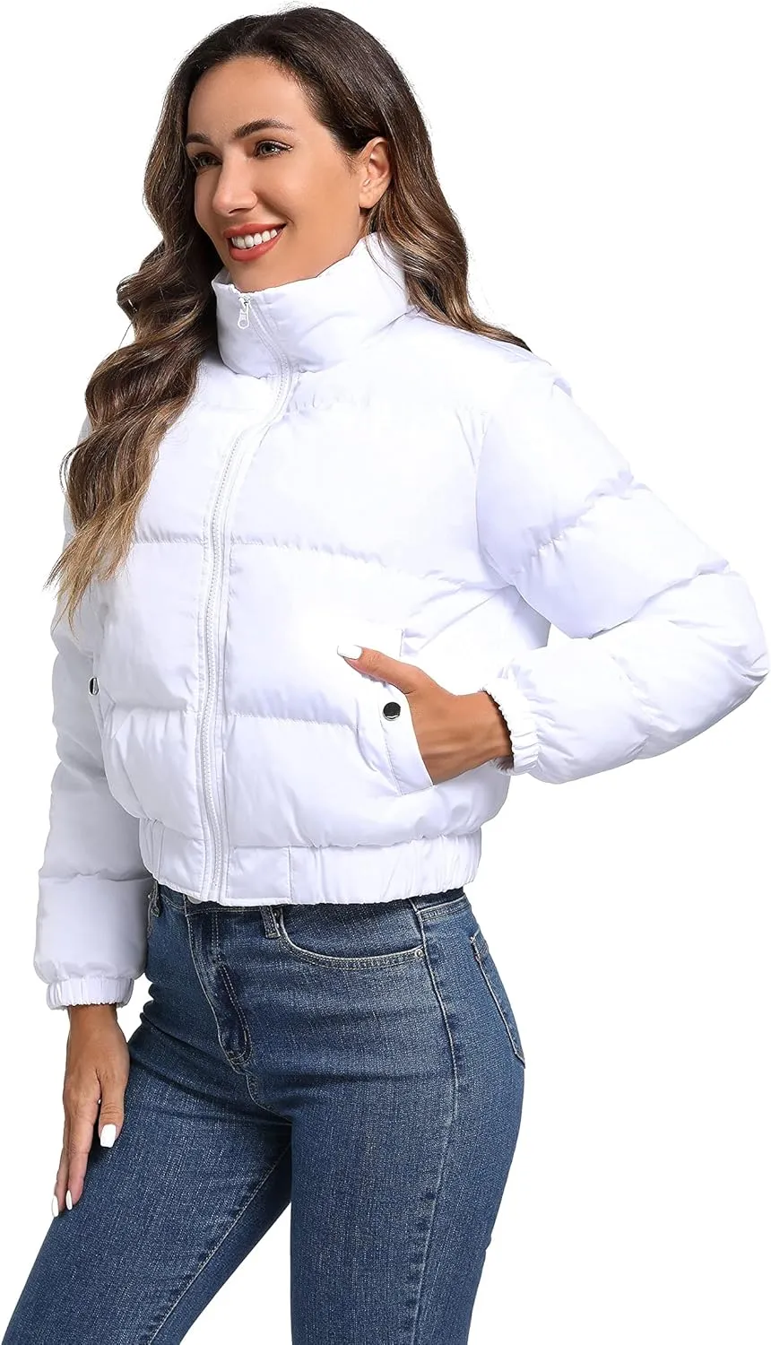 Hujoin Puffer Jacket Womens Casual Long Sleeve Bomber Jacket Full Zip Padded Winter Coat