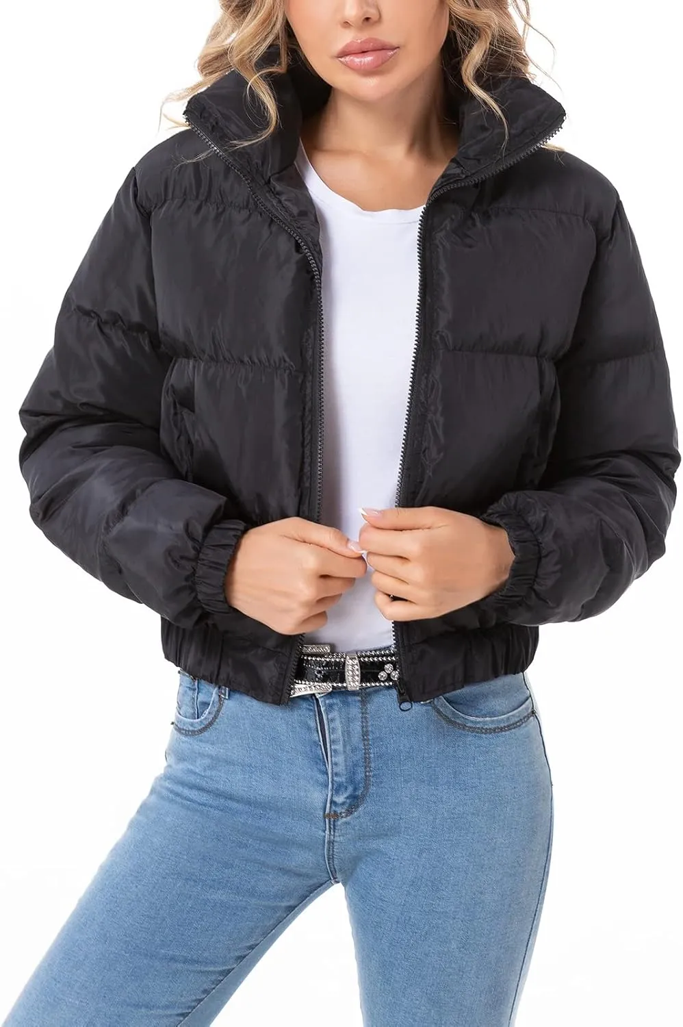 Hujoin Puffer Jacket Womens Casual Long Sleeve Bomber Jacket Full Zip Padded Winter Coat