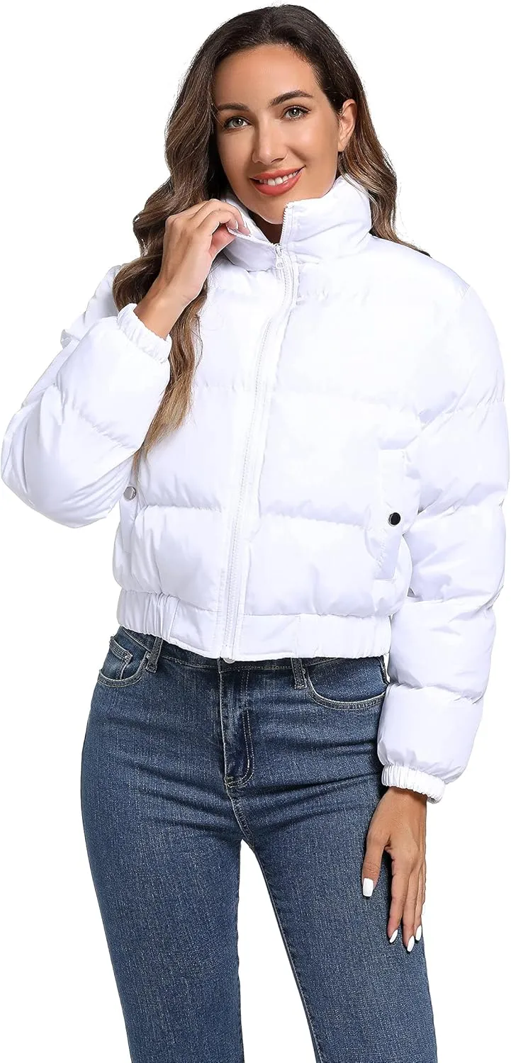 Hujoin Puffer Jacket Womens Casual Long Sleeve Bomber Jacket Full Zip Padded Winter Coat