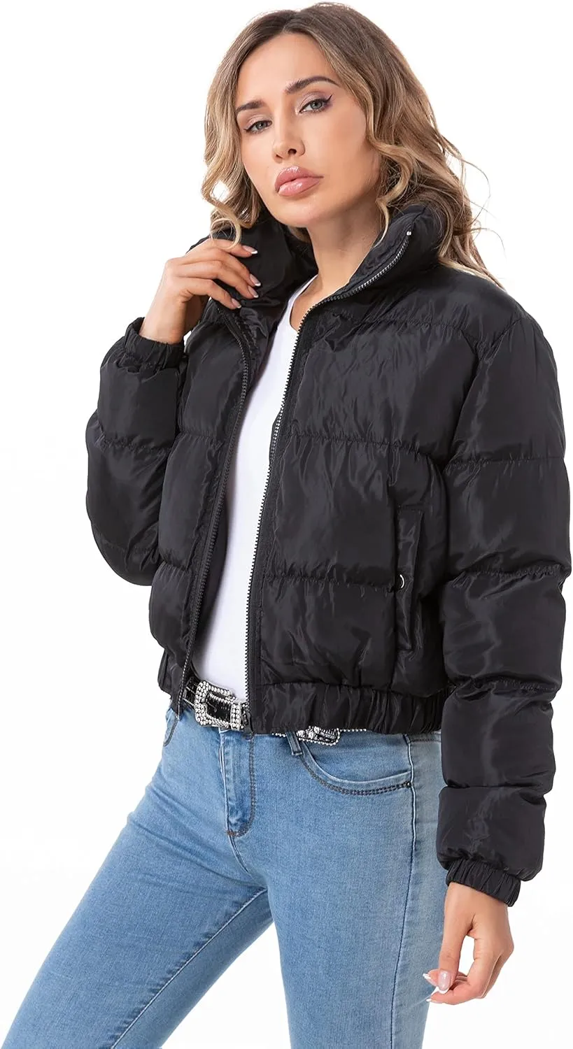 Hujoin Puffer Jacket Womens Casual Long Sleeve Bomber Jacket Full Zip Padded Winter Coat