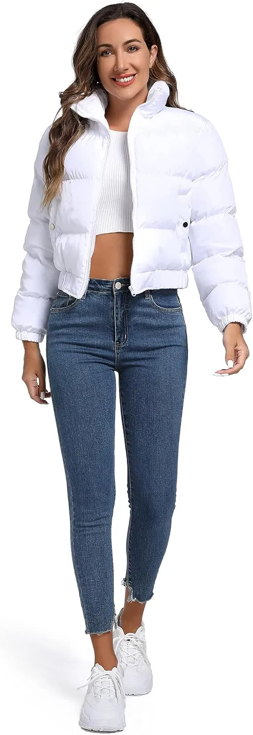 Hujoin Puffer Jacket Womens Casual Long Sleeve Bomber Jacket Full Zip Padded Winter Coat