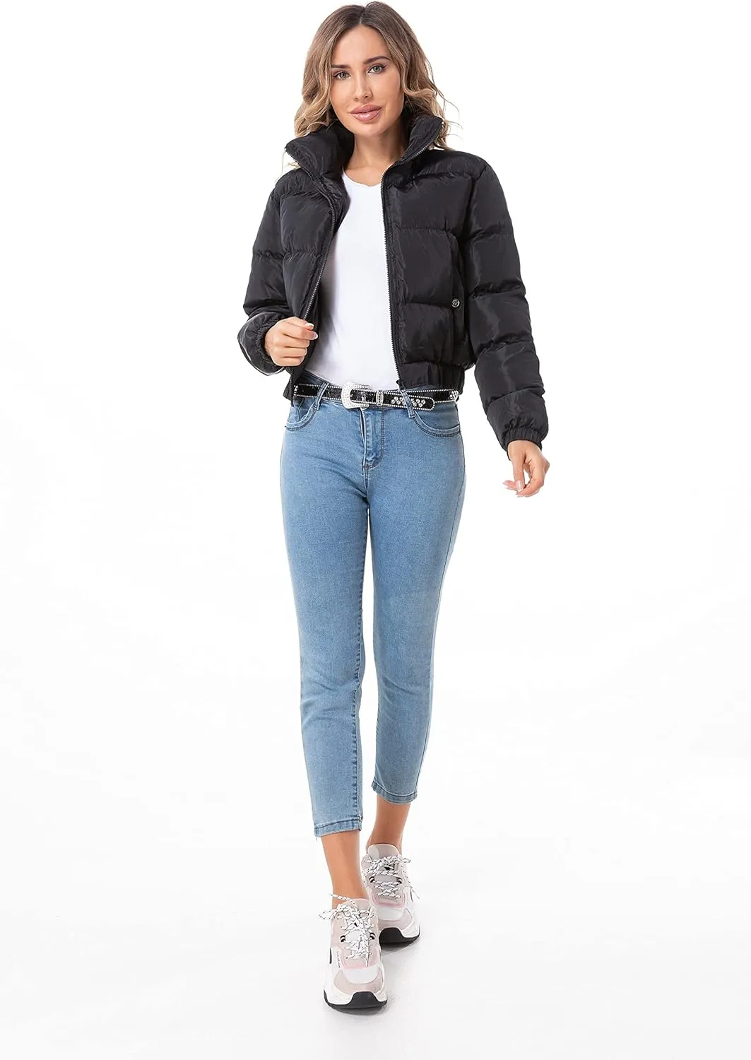Hujoin Puffer Jacket Womens Casual Long Sleeve Bomber Jacket Full Zip Padded Winter Coat