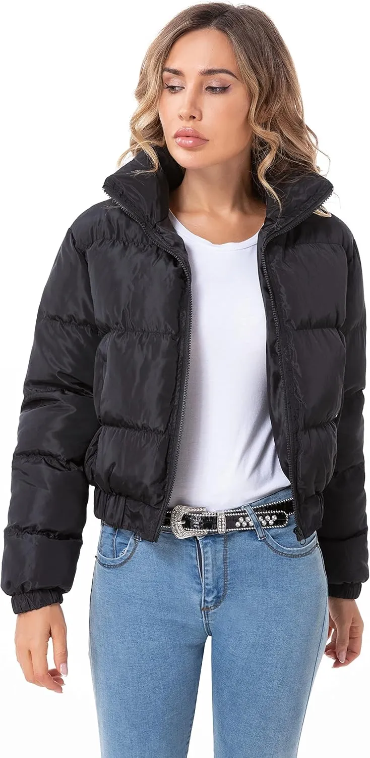 Hujoin Puffer Jacket Womens Casual Long Sleeve Bomber Jacket Full Zip Padded Winter Coat